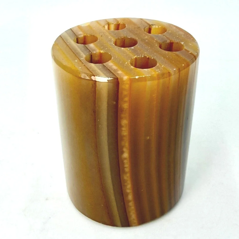 Vintage Banded Onyx‎ Stone Pen Holder Paperweight Brown Marble 7 Hole